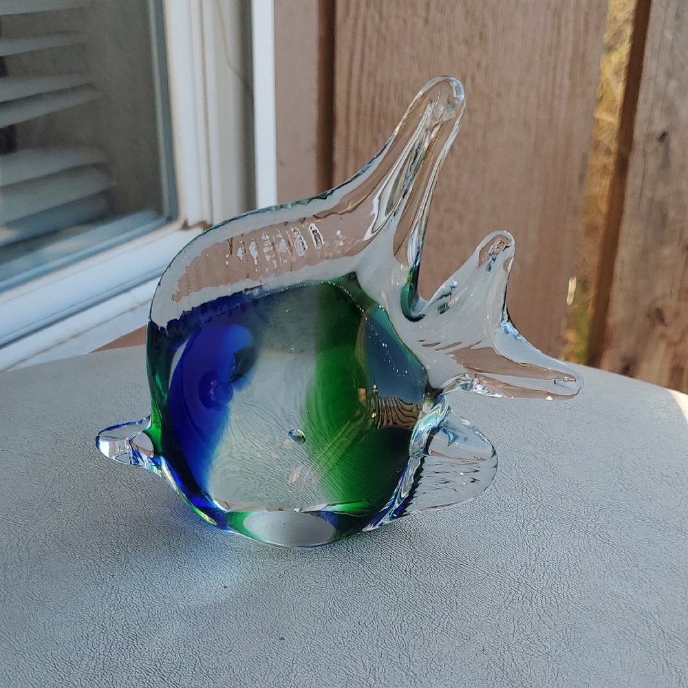 STUNNING Blue & Green Art Glass Angelfish Figurine - Collectible Handblown Glass